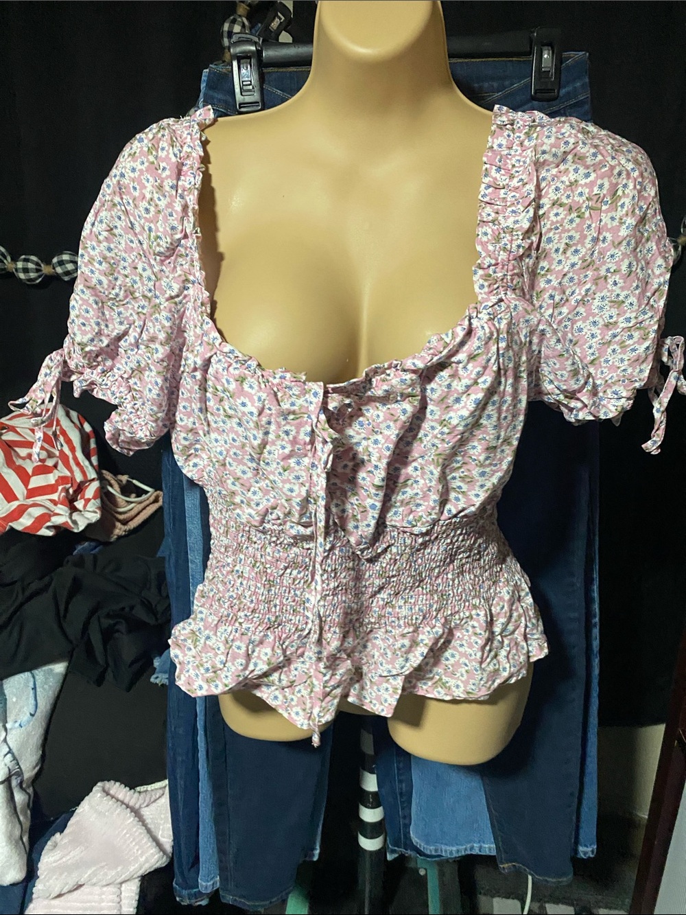 Smocked Floral Tie-Front Blouse in Pink